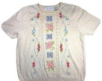 Top de punto floral beige de manga corta para mujer Alfred Dunner, talla M.