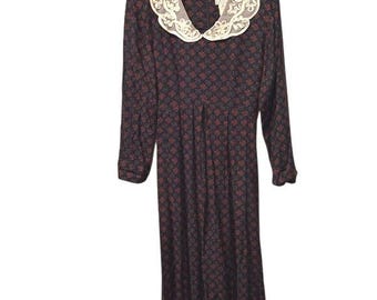 EXPO 80er Jahre Vintage Damen Navy Blumen Print Spitzenkragen Oma Kleid Größe 14