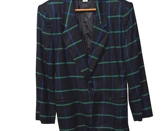 Vintage Jones New York Preppy Blue Green Plaid Blazer Shorts Set Womens Size 12