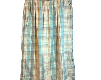 L.L. Bean Plaid Midi Skirt Women Pink Aqua Tan Pastel Preppy Cotton 18 Regular