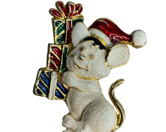 Broche vintage de los años 80 con forma de ratón y muñeco de nieve llevando regalos de Navidad