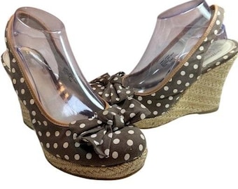 Sandalias de cuña para mujer, color marrón, con estampado de lunares y lazo, estilo alpargata, con tira trasera, estilo moderno, talla 10 M