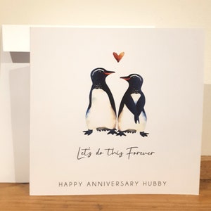 Anniversary Card - Handmade and personalised with name - Penguins