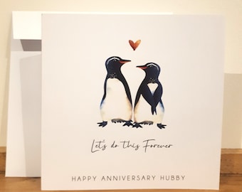 Anniversary Card - Handmade and personalised with name - Penguins