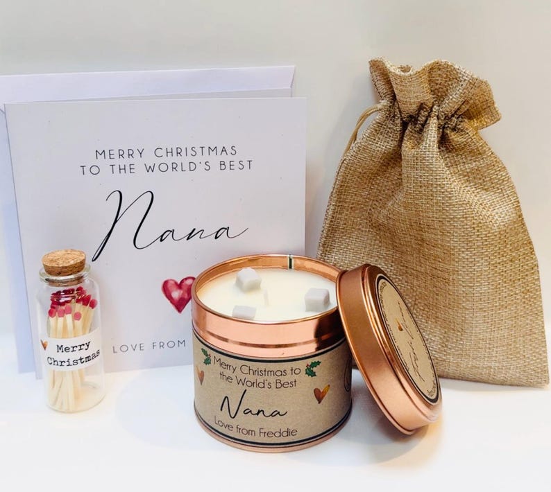Personalised Christmas Candle Gift for Nana - Handmade Scented Candle Full Set