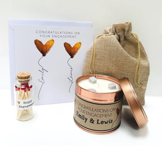 Personalised Engagement Candle Gift - Handmade and personalised with names - Gold Heart Balloons
