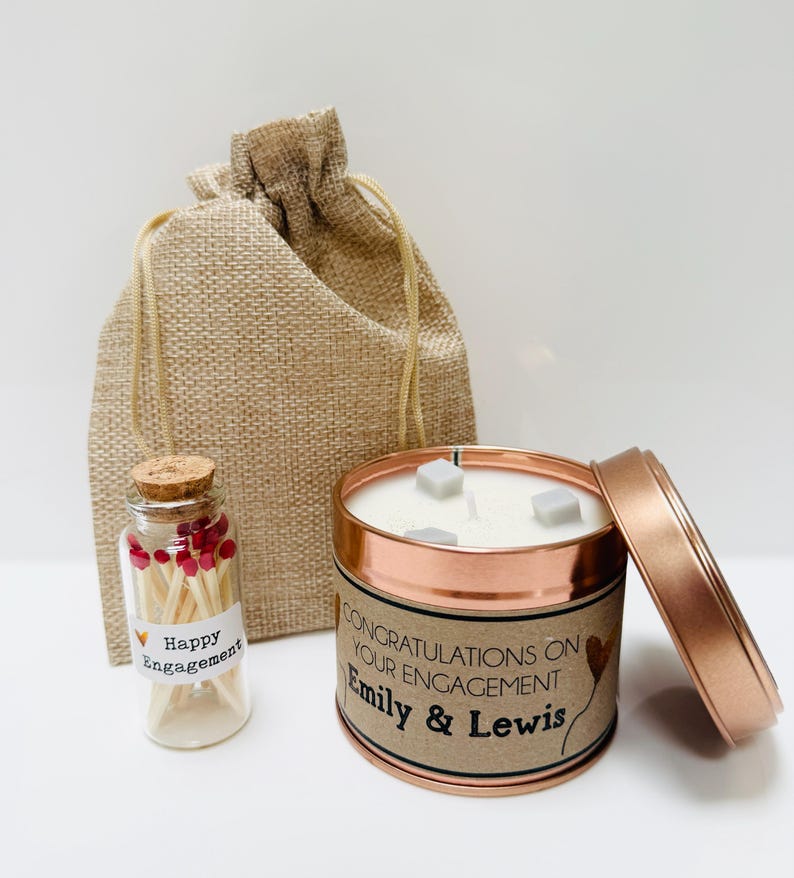 Personalised Engagement Candle Gift - Handmade and personalised with names - Gold Heart Balloons Candle,m/stick & bag