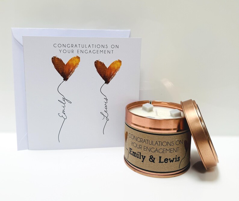 Personalised Engagement Candle Gift - Handmade and personalised with names - Gold Heart Balloons Candle & Card