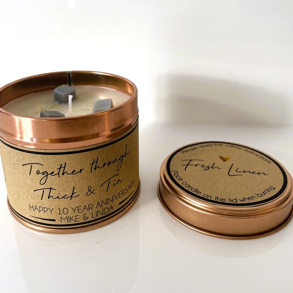 Handmade 10 Year Anniversary Candle – Tin Anniversary Gift - personalised with name