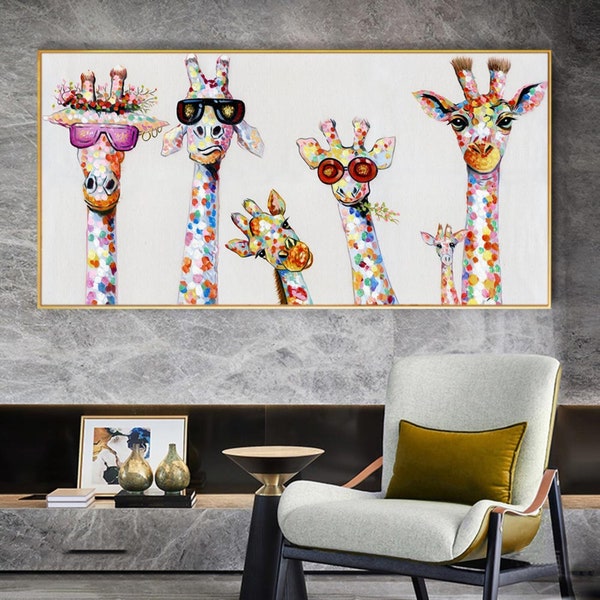 Toile Funky Girafe | Décoration d'intérieur Animaux | Dessins d'art mural | Toile géniale | Affiche murale girafe | Tableau famille girafe | Toile sans cadre