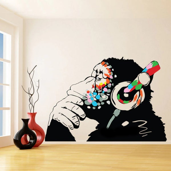 Banksy Sticker | Banksy Large Monkey Headphone Sticker | Banksy Wall Art | Banksy Wall Mural