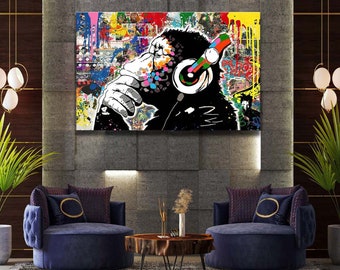 Banksy DJ Monkey Gorilla Chimp Canvas | Banksy Wall Canvas | Banksy Art Poster | Street Graffiti Art | Not Framed