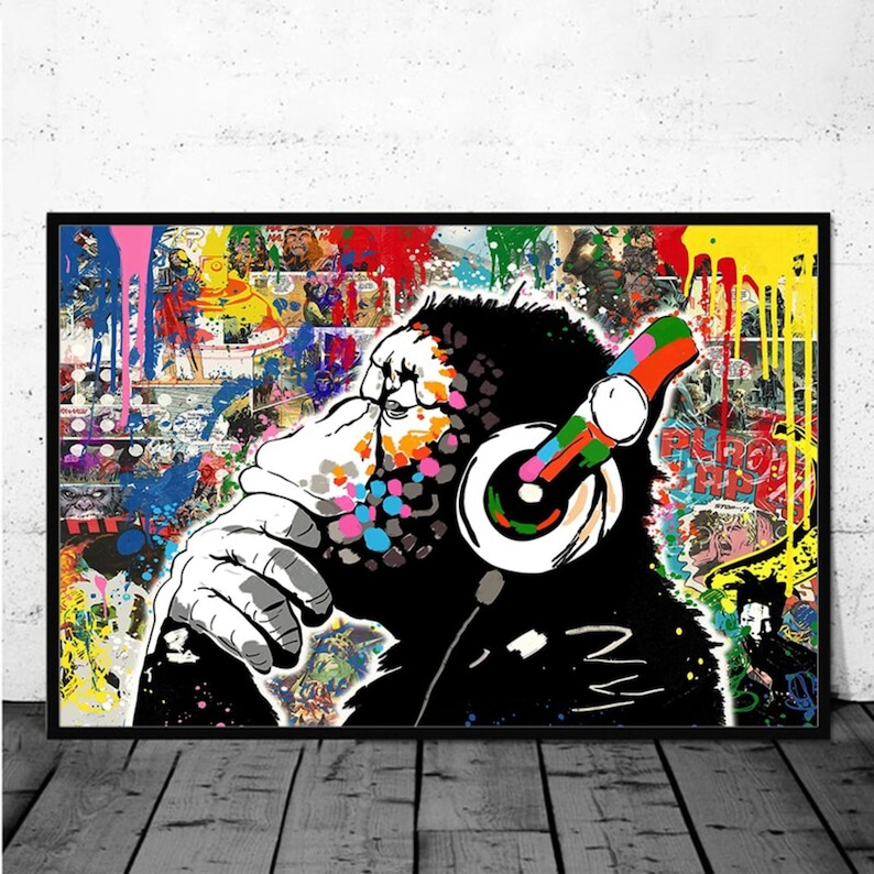 Banksy Dj Gorilla Monkey – Stampa Su Tela Incorniciata 50x40 Cm – Quadro Pronto Da Appendere