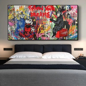 Banksy Follow Your Dreams Monkey Graffiti Art | Bansky Canvas |  Mickey Mouse Street Art Cuadro | Frames Available Separately