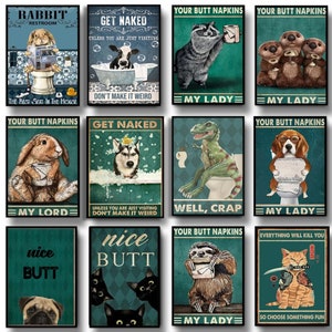 Your Butt Napkins | Get Naked | Dog In the Bathroom Prints | Funny Raccoon | Funny Wall Canvas | Bathroom Decor | Unframed Canvas