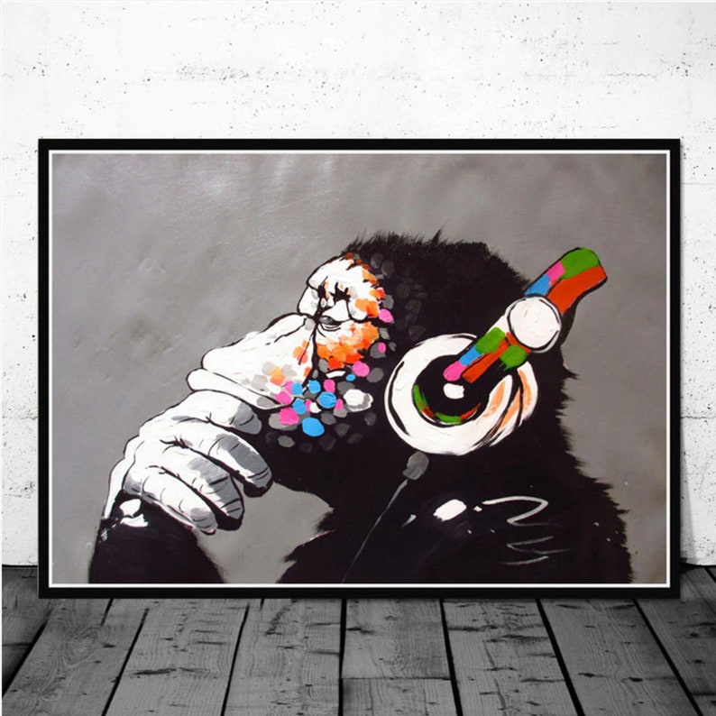 Banksy Dj Gorilla Monkey – Stampa Su Tela Incorniciata 50x40 Cm – Quadro Pronto Da Appendere