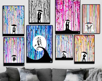 Banksy Mädchen mit Regenschirm im bunten Regen Street-Kunstdruck Leinwand | Banksy Zuhause/Büro | Wandbild | Nordische Abstrakte Leinwand | Ungerahmt