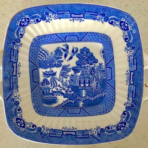 Rare Vintage Royal Stafford Blue & White ,square cake plate . Willow pattern