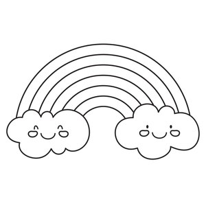 Op de afbeelding: Een zwart-witte lijntekening van een regenboog met twee wolken aan de uiteinden. De wolken hebben glimlachende gezichten.