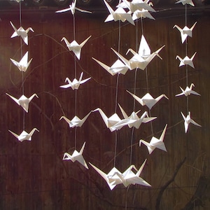 Garland with 5 Cranes ~ Handmade Origami ~ Translucent White Paper Decoration ~ Minimalist Design ~ around 82 cm / 32.3 inches Long