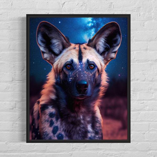 African Wild Dog Art Print, Original African Wild Dog Artwork, African Wild Dog Poster Black Background