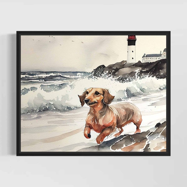 Dachshund at the Beach Watercolor Art Print - Hand Signed Limited Edition Dog Painting Poster Wall Art