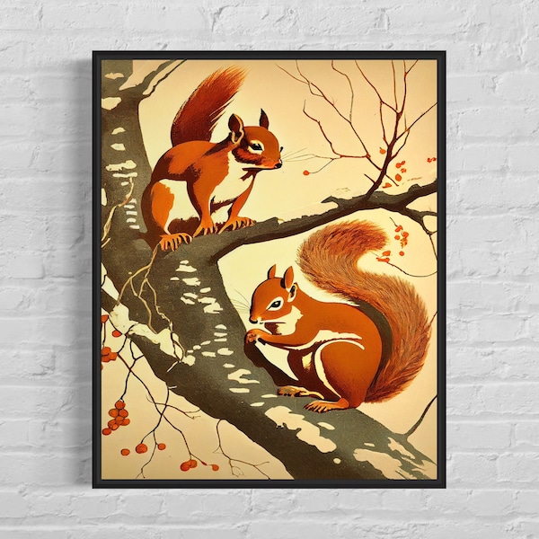 Squirrels Art Print - Squirrels Vintage Poster Artwork, Squirrels Retro Wall Art Animal Print