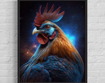 Rooster Art Print, Original Rooster Artwork, Rooster Poster Black Background