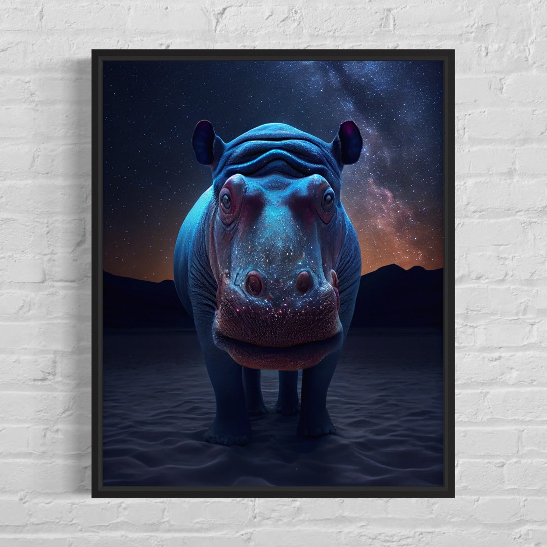 Hippo Art Print, Original Hippo Artwork, Hippo Poster Black Background