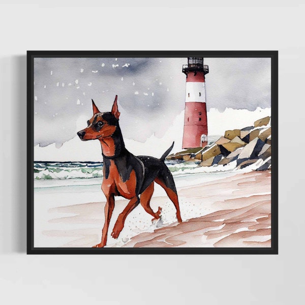 Österreichischer Pinscher am Strand Aquarell Art Print - Handsignierte Limitierte Auflage Hundemalerei Poster Wandkunst