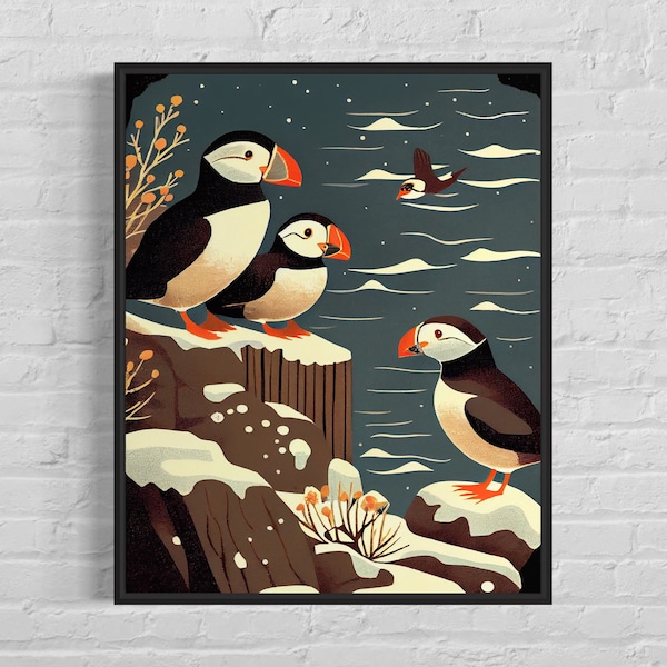 Puffins Art Print - Puffins Vintage Poster Artwork, Puffins Retro Wall Art Animal Print