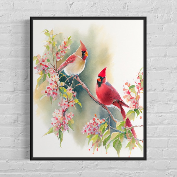 Red Cardinals Art Print - Red Cardinals Vintage Poster Artwork, Red Cardinals Retro Wall Art Animal Print