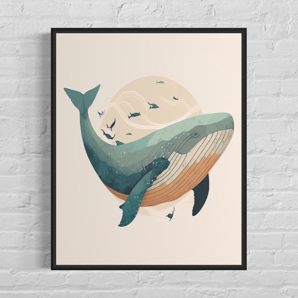 Whale Art Print - Whale Vintage Poster Artwork, Whale Retro Wall Art Animal Print