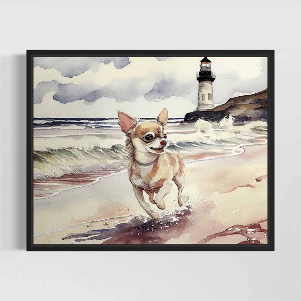 Chihuahua à la plage aquarelle Art Print - main signée édition limitée chien peinture affiche Wall Art