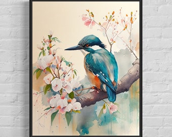 Kingfisher Art Print - Kingfisher Vintage Poster Artwork, Kingfisher Retro Wall Art Animal Print