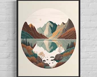 Lake Mountain Art Print - Lake Mountain Vintage Poster Artwork, Lake Mountain Retro Wall Art Animal Print