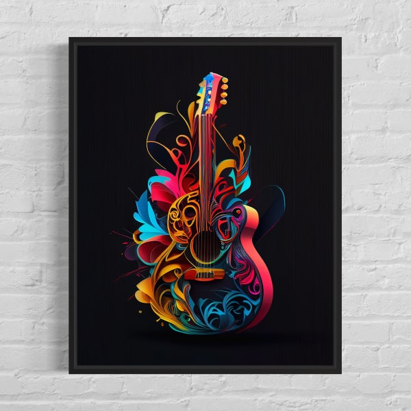 Guitar Art Print, Original Guitar Artwork, Guitar Poster Black Background