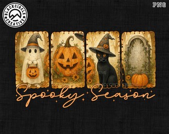 May include: Halloween-themed artwork featuring a ghost, jack-o'-lanterns, a black cat, and a tombstone. The phrase "Spooky Season" is written in an orange script. The artwork is set against a black background.
