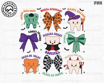 Könnte beinhalten: Eine digitale Grafik mit neun Zeichentrickzähnen mit Halloween-Themen. Jeder Zahn hat ein einzigartiges Design, darunter Hexenhüte, Vampirumhänge und Teufelshörner. Textelemente sind "Happy Season" und "Trick or Treat."