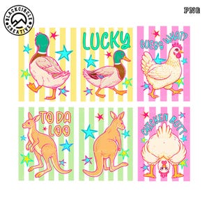 May include: A set of six colorful cartoon illustrations featuring animals and text. The images include ducks, a chicken, and kangaroos, each set against a striped background with star accents. Text includes "LUCKY", "GUESS WHAT?", "TO DA LOO", and "CHICKEN BUTT".