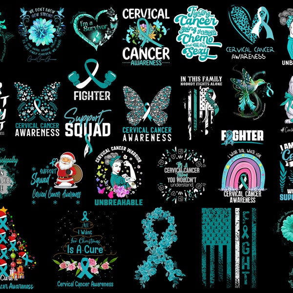 Cervical Cancer Awareness Png Bundle, Cancer Survivor Png, Cancer Ribbon Png, Peace Love Cure Png, Teal And White Png, Sublimation Design