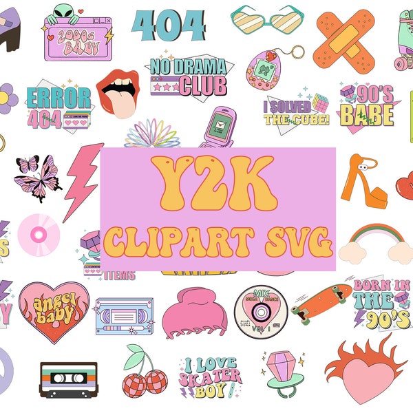 Y2K Retro Aesthetic Clipart Set Svg, Y2K Vector, Y2K Attributes, 90's Vibes Svg, Y2K Baby Svg, 90's Party Decor, Retro Sublimation Png