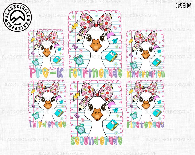 Pode incluir: Ilustra&ccedil;&atilde;o digital de um ganso branco com la&ccedil;o, l&aacute;pis e material escolar. A imagem inclui texto para o pr&eacute;-escolar at&eacute; &agrave; quinta s&eacute;rie. O fundo &eacute; papel pautado com uma borda decorativa.