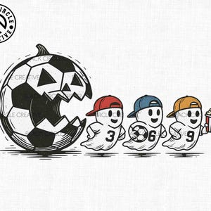 May include: A black and white illustration features a soccer ball carved like a jack-o'-lantern. Three ghost figures wearing baseball caps and jerseys with numbers 3, 6, and 9. One ghost holds a soccer ball, and another holds popcorn.