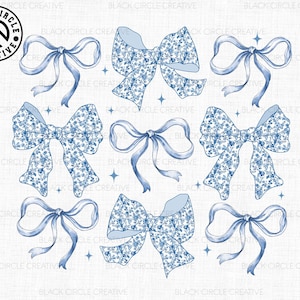 May include: A set of eight blue and white patterned bows. The bows are arranged in a circle on a white background.