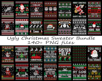 May include: A collection of ugly Christmas sweater designs, featuring Santa Claus, reindeer, snowmen, and festive text. The bundle includes over 140 PNG files with various holiday-themed graphics in red, green, and white.