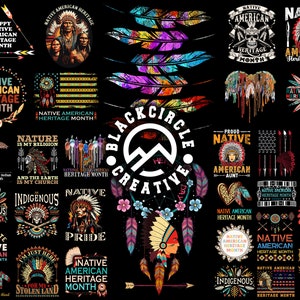 May include: A colorful digital collage of Native American heritage month designs. The designs feature various images of Native American people, feathers, and text. The text includes phrases like "Native American Heritage Month", "Proud Native American Aunt", and "Nature is my Religion".