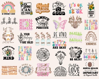 100+ Mental Health Png Bundle, Vintage Png, Motivational Png, Mental Health Matter, Flower Png, Be Kind Png, Butterfly Png, Boho Rainbow Png