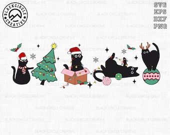 May include: Four black cats dressed in festive Christmas attire. One cat wears a Santa hat and scarf, another wears a Santa hat and is inside a box with Christmas lights, another cat is tangled in Christmas lights, and the last cat wears reindeer antlers and sits on a striped ornament.