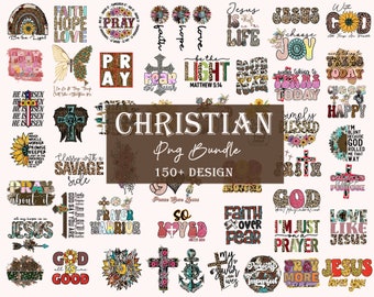 May include: A collection of 150+ Christian-themed designs featuring various phrases and images. The designs are in a variety of styles, including leopard print, floral, and watercolor. Some of the phrases include "Faith Over Fear", "Love Like Jesus", and "God is Good".